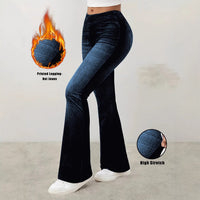Womens Faux Denim High-waisted Flared Pants With A Printed Design
