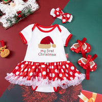 Baby Girl Christmas Party Holiday Clothes Cartoon Old Man Tree Baby's Gown Shoes Hair Accessories 3-piece Set