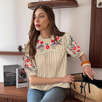 Retro Striped Floral Top French Vacation-Style Loose Shirt