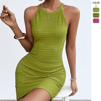 Round-neck Pleated Elastic Slim-fit Sheath Vest Dress