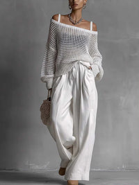 Womens Comfortable Hollow-Out Knitted Top And Linen Pants Two-Piece Set