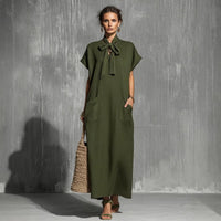 Military-green Cotton-linen Blend Tie-waist Short-sleeve Maxi Dress