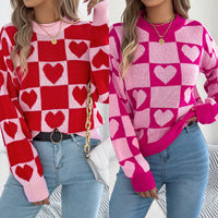 Women's Love Plaid Lantern Long Sleeve Pullover Sweater