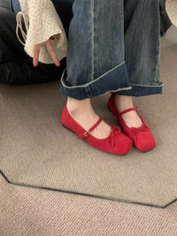 Women's 2026 New Spring & Autumn French Fairycore Suede Square-Toe Bow Mary Jane Flats For Office & Daily Wear