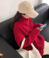 Loose French Style Large Lapel Zipper Sweater For Women