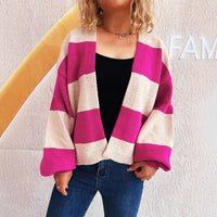 European And American Style Contrast Color Striped Cardigan Women's Loose Long Sleeve Sweater Coat