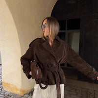 Versatile Instagram Style Retro Lace Up Lapel Long-sleeve Cropped Jacket