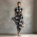 Retro Loose-fit Waist-cinched High-neck Plaid Dress With A Zipper