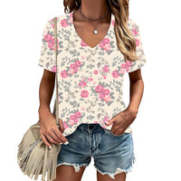 Women's T-shirt, Natural Plant And Floral Print, Casual V-neck Short Sleeves
