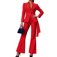 One Button Waist Cinched Belted Flared Pants Suit Set