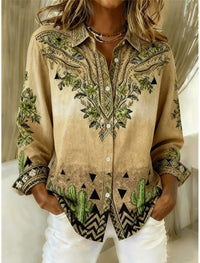 Womens Loose-Fitting Long-Sleeve Lapel-Neck Printed Shirt