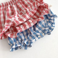 Cotton Thin Plaid Short Sleeve Shorts Suit Girls