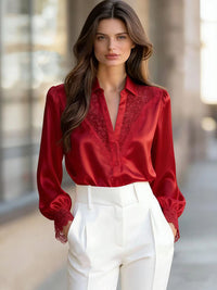 Women's Solid-Color Niche Lace V-Neck Puff-Sleeve Shirt