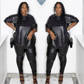 Solid Color Leather Short Sleeve Fashion Slim Pants Casual Suit