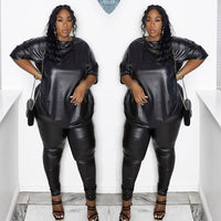 Solid Color Leather Short Sleeve Fashion Slim Pants Casual Suit