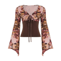 Floral Butterfly Print V-Neck Lace-Up Long-Sleeve T-Shirt