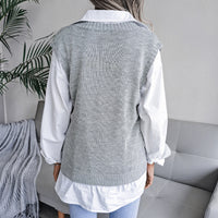 European & American Hollow Out Cable Knit V-Neck Sleeveless Sweater
