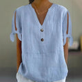 Women's Solid Color And V-neck Button Fashion Shirt Cotton And Linen Top