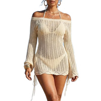 French-style Minimal Luxe Off-Shoulder Seaside Vacation Solid-Colored Hollow-Out Sheath Dress