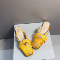 Embroidered Flat Square-toe Low-cut Half-slipper For Women