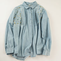 Embroidered Washed Denim Long-Sleeve Shirt Womens Single-Breasted Top