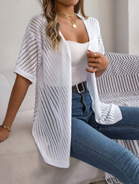 Women S Vertical Stripe Hollow Out Short Sleeve Knit Cardigan Cover-Up