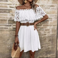 Summer Water-Soluble Lace Panel Off-Shoulder Waist-Cinching Dress
