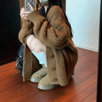 Autumn And Winter Idle Style Solid Color And V-neck Long-sleeved Thickened Sweater