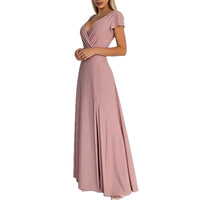 Womens Deep-Neckline Short-Sleeve High-Waist Solid-Color Split Dress