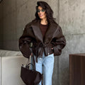 Lady Temperament Short Lace Up Leather Coat