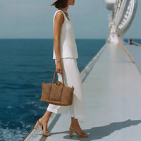 Classic Cotton-linen Square-neck Top And Capri Pants Set