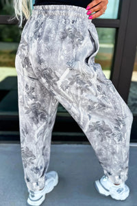 Gray Camouflage Printing Comfortable Drawstring Elastic Waist Ankle Banded Pants