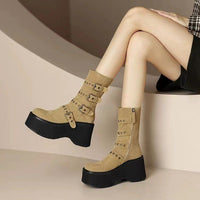 Platform Wedge Booties Women's Belt Buckle Muffin Middle Boots
