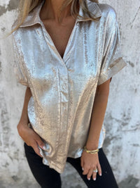 Women's Solid Color Casual Loose Bronzing Short-sleeved Lapel Shirt