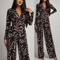 European And American V-neck Printed Long-sleeve Jumpsuit