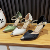 Fashionable Metal Pointed Pearl Women's Satin Flower High Heels