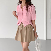 Draping Lapel Cardigan Sweater Solid Color Sweater With Short Sleeves