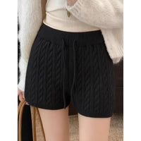 Retro Minimalist Cable-knit Linen Shorts With Elastic Waist