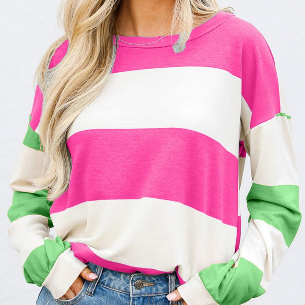 Spring Striped Drop-shoulder Long-sleeve Color Contrast Patchwork Pullover