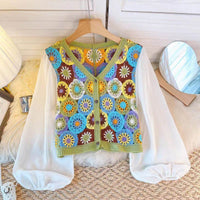 Thai Style Vacation Style Crocheted Hollow Design Knitted Chiffon Patchwork Long Sleeve Retro Slimming V-neck Cardigan For Women
