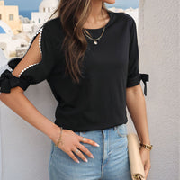 Elegant Commuter T-Shirt Womens Lace-Patchwork Cold-Shoulder T-Shirt