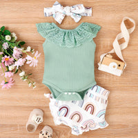 Solid Color Sleeveless Romper Printed Baby Bodysuit Lace Shorts Suit
