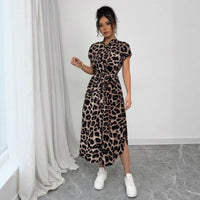 Leopard Print Front Button Shirt Belt Bow Shirt For Women