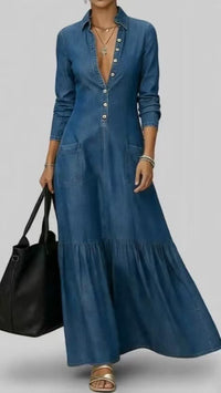 Street-style Vintage-collar Chic Denim High-end And Fashionable Fitted-waist Maxi Dress