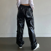Street Pocket Tooling Leather Straight Leg Pants Elastic Waist Wide Punk Texture