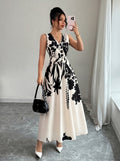 This New Summer French Elegant, Casual And Simple Printed Waist-cinching Sleeveless Mid-length Dress For Women Is Suitable For Commuting