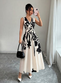 This New Summer French Elegant, Casual And Simple Printed Waist-cinching Sleeveless Mid-length Dress For Women Is Suitable For Commuting