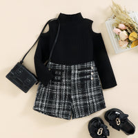 Children's Off-the-shoulder Top Tweed Plaid Classic Style Shorts Girls' Suit