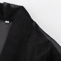 Black Sheer Puff Sleeve V-neck Tie-front Top
