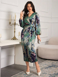 Printed V-neck Cardigan Lace-up Slim-fit Dress